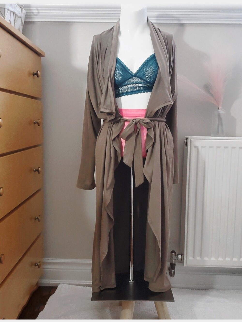 Vintage Y2K Super Soft Suedette Long Open Tie Waist Longline Trench Cardi